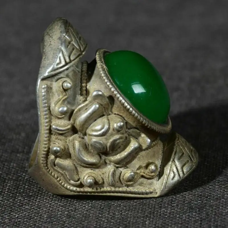 

1.6" Old Chinese Silver Inlay Gems Flower Ring Statue