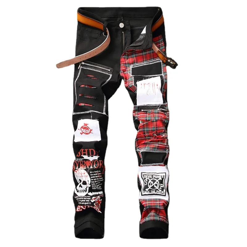 

Мужские джинсы с принтом черепа, шотландские клетчатые Лоскутные Джинсовые брюки, рваные потертые узкие брюки для улицы, мужская одежда