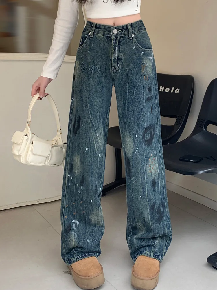 2024 Trashy Y2K Feminino Inkjet граффити мешковатые новые джинсовые брюки для женщин в стиле