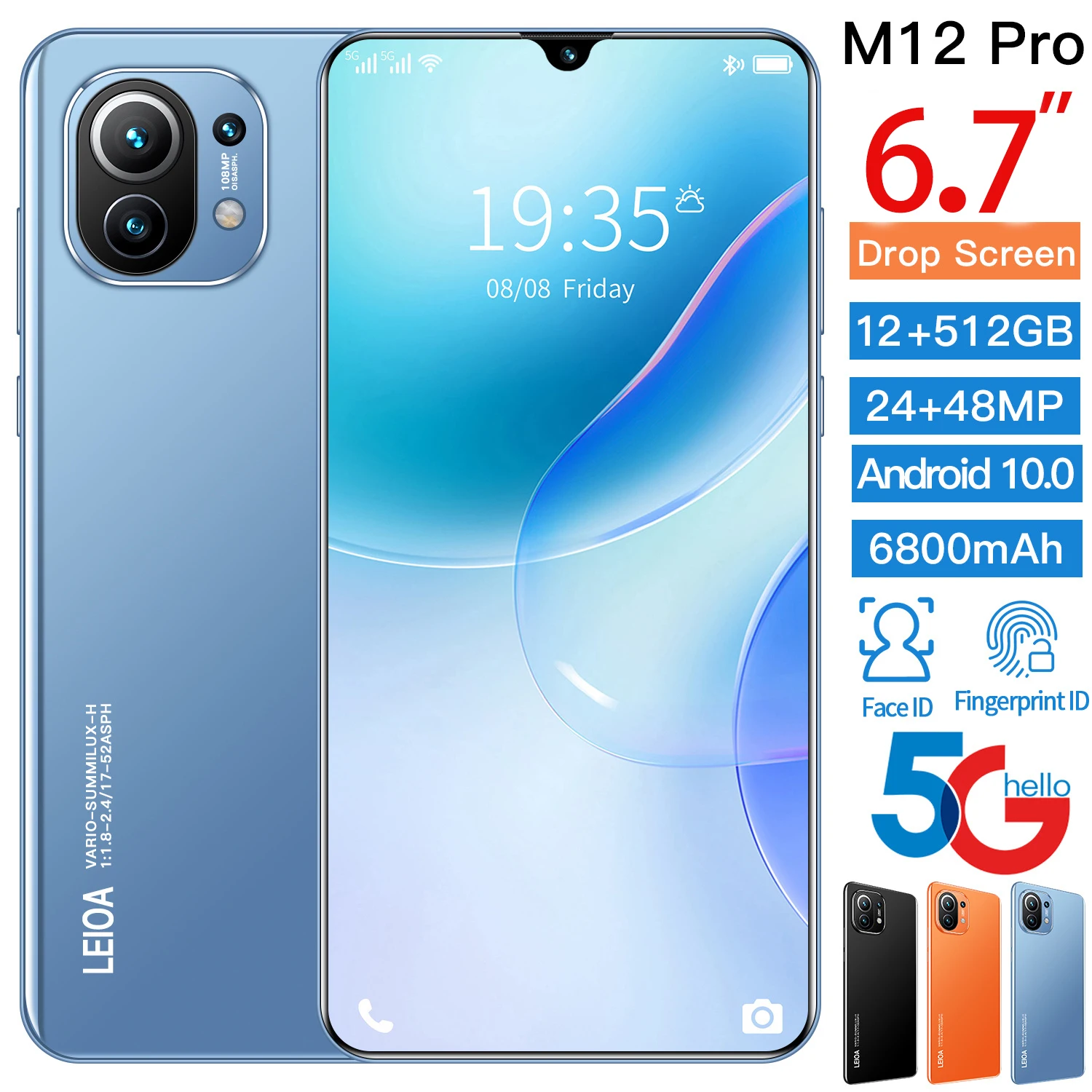 

2022 Smart Phone M12 Pro Cheap Cell Phones Unlocked 6.7 Inch Smartphone Full Screen 24+48MP 12+512GB 5G Dual SIM