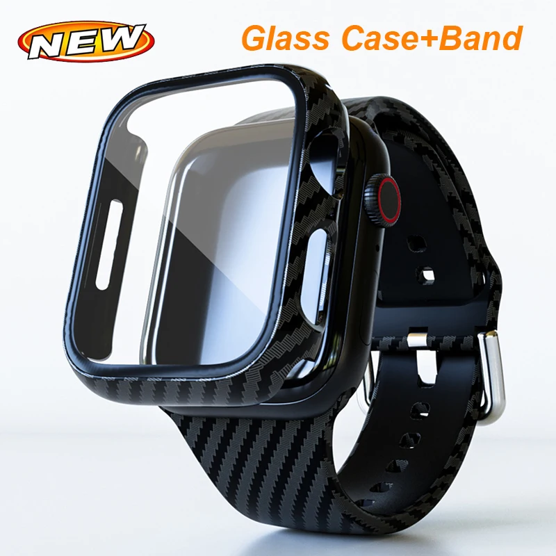 

Glass Case+Carbon Fiber Pattern Strap For Apple Watch Ultra 49mm 45mm 42mm 38mm 40mm 41mm Bracelet Correa For iWatch 7 8 9 SE 6
