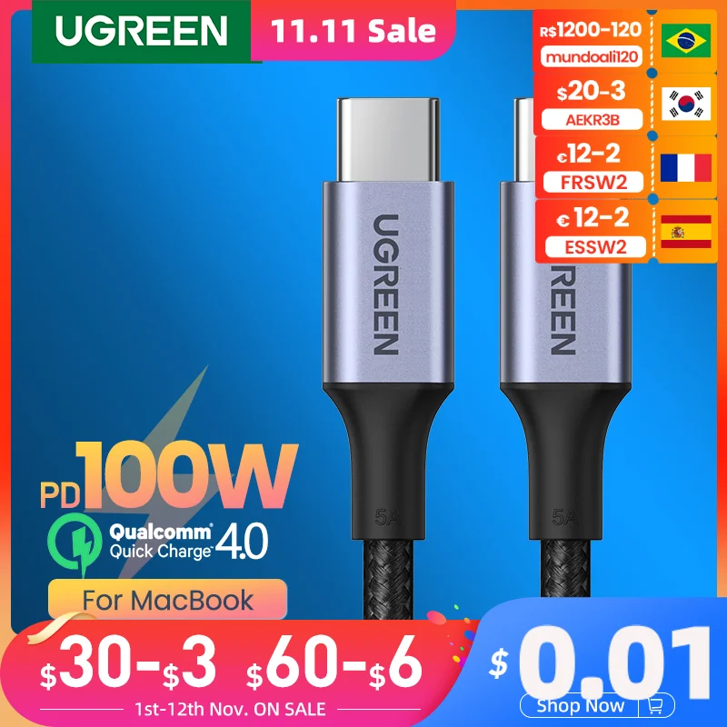 

Ugreen USB Type C to USB C Cable for Samsung Galaxy S9 PD 100W Fast Charger Cable for Macbook Support Quick Charge 4.0 USB Cord
