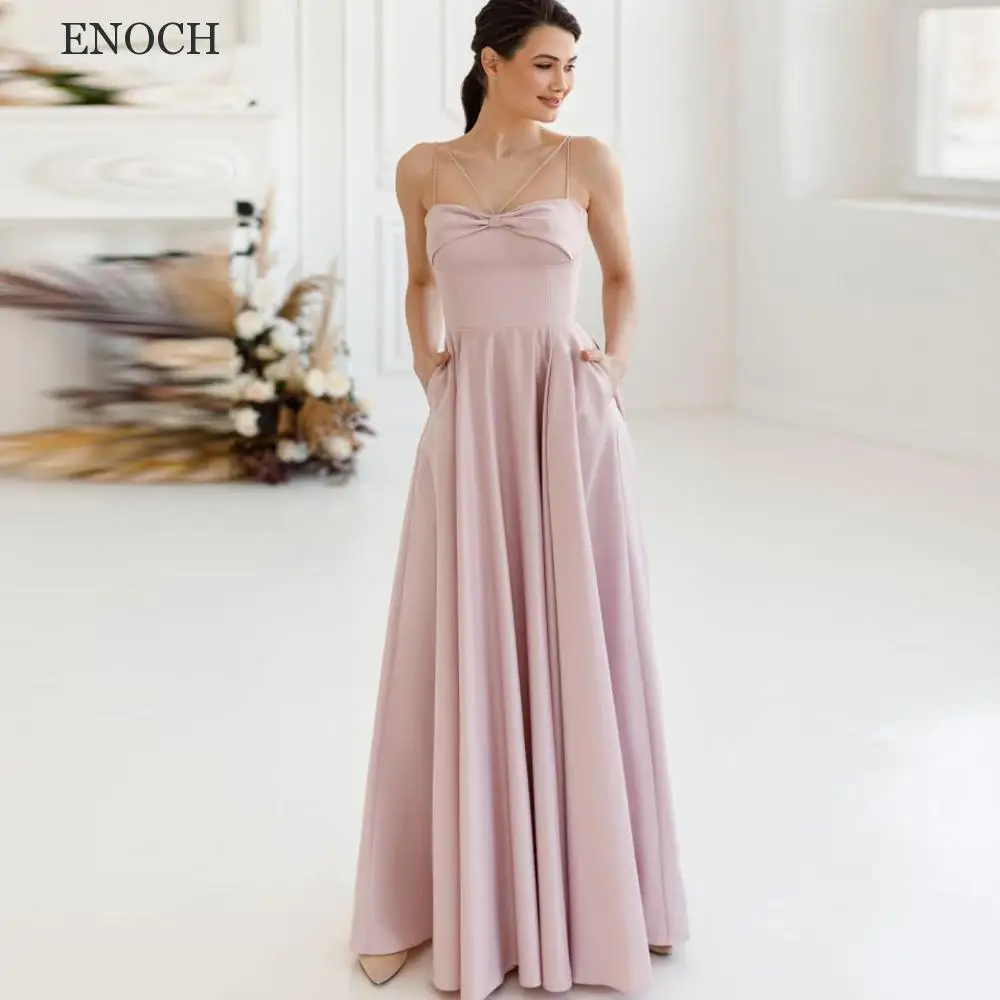 Купи ENOCH Elegant Satin Sleeveless Prom Dresses Spaghetti Straps With Pockets Party Dresses Backless Robes De Soirée Sweep Train за 5,705 рублей в магазине AliExpress