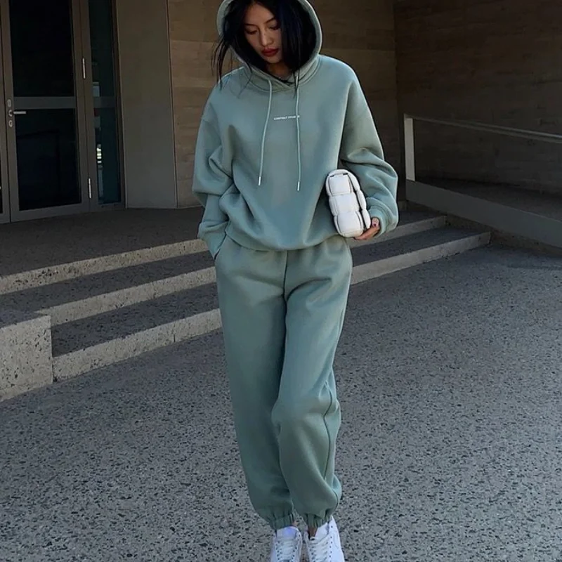 

Streetwear Casual Tracksuit Spring Autumn New Loose Relaxed Solid Color Hoodies Sweatpant Two Piece Set For Women Outfits