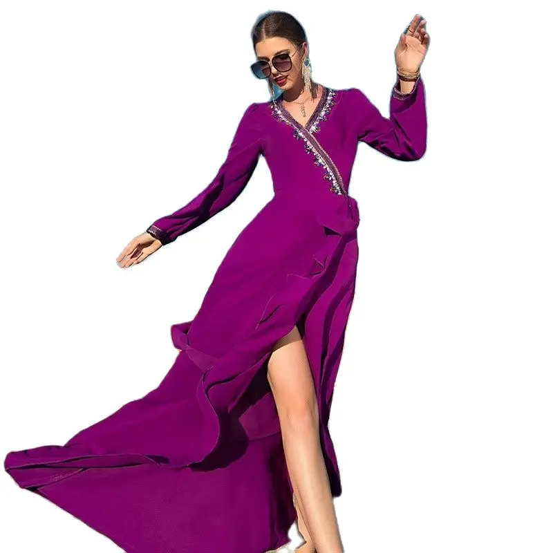 

Asymmetrical Ruffle Split Swing Maxi Dress Women Hand Sew Diamond Slanted V Neck Long Sleeve Dubai Morocco Caftan 2022