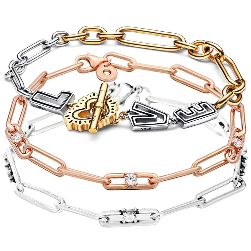 

Real Two-tone Love Letter Heart Rose Link Chain & Stones Bracelet 925 Sterling Silver Bangle Fit Europe Bead Charm DIY Jewel