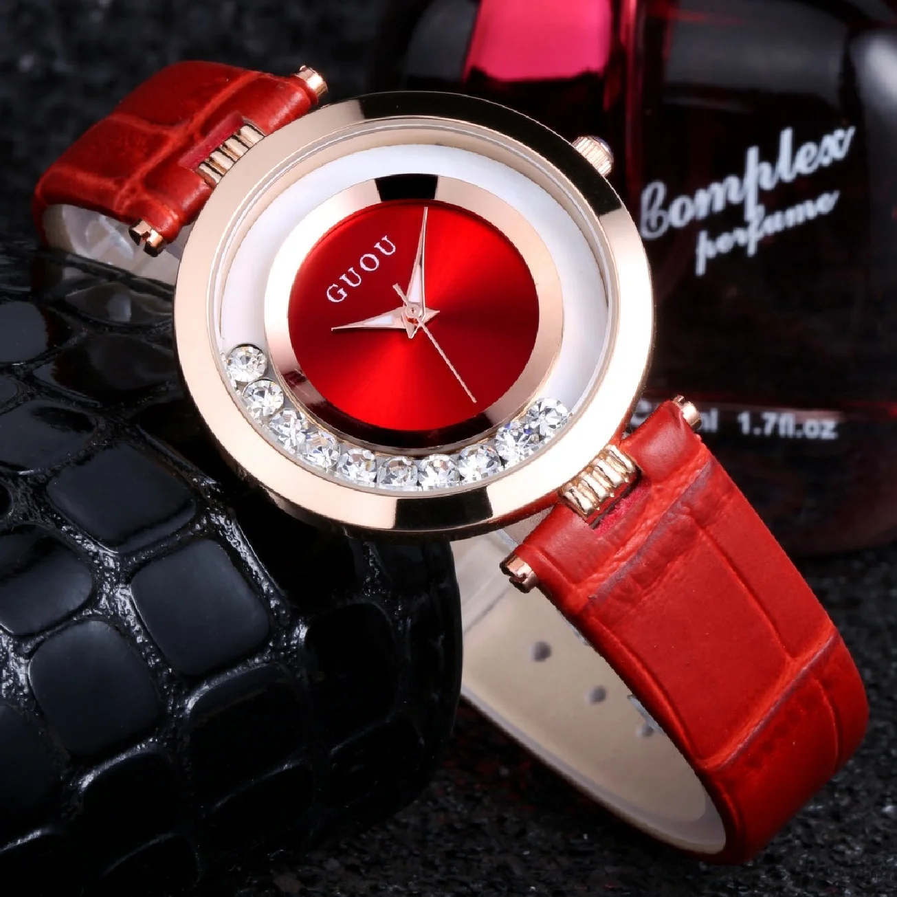 High Quality GUOU Brand Hot Sales Women Rolling Drill Watches Luxury Quicksand Real Leather Gift Watch  Rhinestone Wristwatches