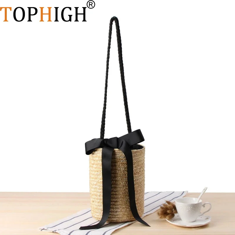 

Сумка-мешок в европейском стиле из цилиндрической соломы, плетеные женские сумки через плечо с бантом из пшеничной соломы, тоут на ремне