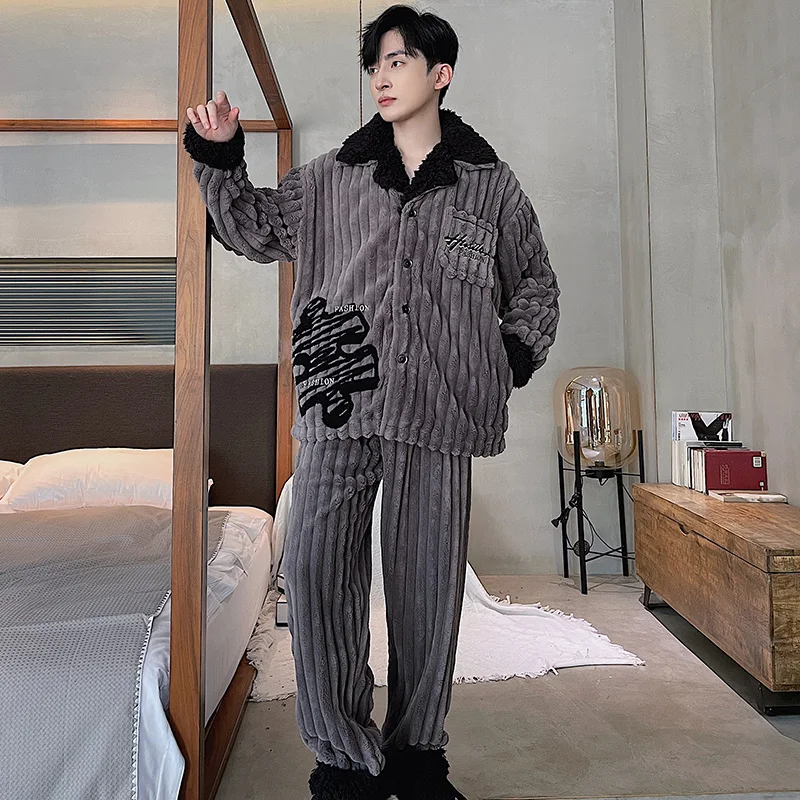 QUHENG Autumn Men's Pajamas Winter Flannel Sleepwear Pajama Sets Long Sleeve Home Wear  Sleepwear Clothes Lovers Pyjamas Suit