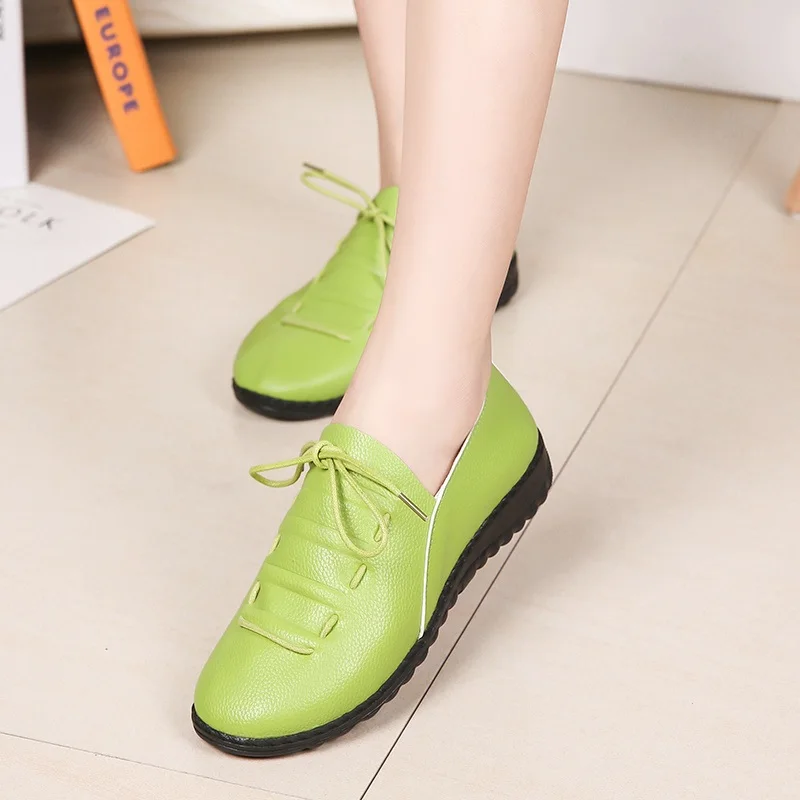 Designer Green Loafers Woman Pleated Lace Up Sneakers Women Wedges Moccasins Soft Leather Jogging Dance Flats