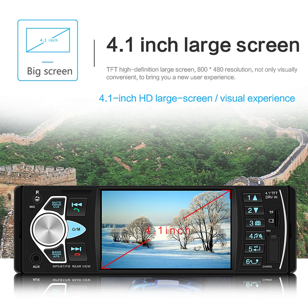 

Car Stereo 1DIN 4.1 inch Screen Bluetooth Hands Free Calling USB AUX Input FM Radio Receiver with Steering Wheel Remote Control