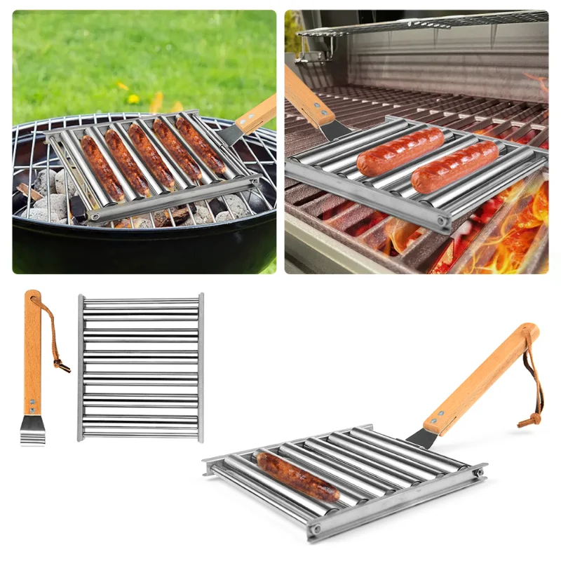 

New Hot Dog Roller Stainless Steel Sausage Roller Rack with Extra Long Wood Handle, BBQ Hot Dog Griller for Evenly Cooked