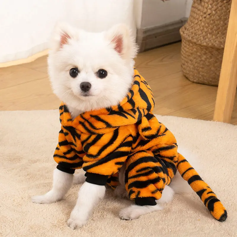 Cartoon Tiger Costume Jumpsuit for Small Dogs Cats Warm Fleece Pets Hooded Overalls Puppy Dogs Cosplay Clothes Doggy Chihuahua