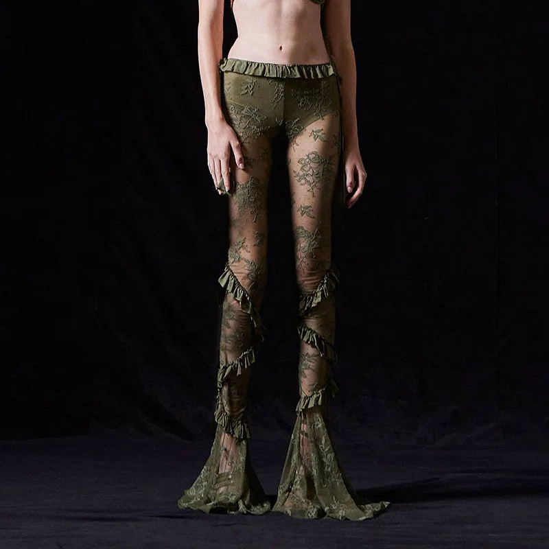 Сексуальные прозрачные зеленые кружевные брюки-клеш с рюшами женские брюки для