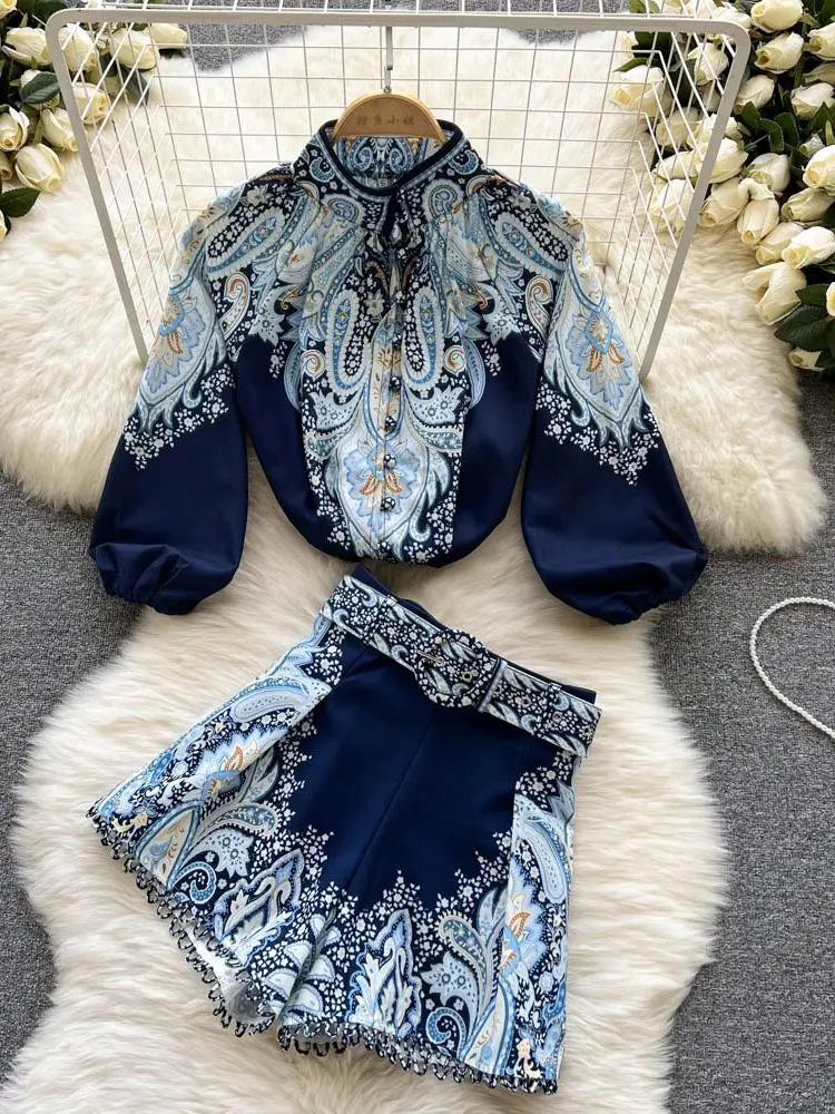 

Summer Fashion Runway Women Shorts Suits 2 Pieces Sets Office Lady Floral Print Blouse +High Waist Shorts Female Outfits M6869