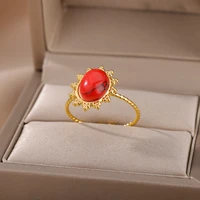 vintage oval red stone rings for women open adjustable stainless steel agates finger ring elegant birthday jewelry bijoux femme