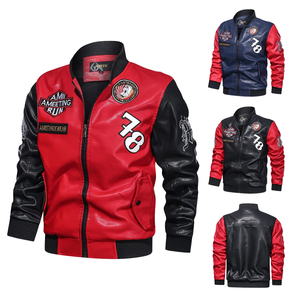

Male Leather Jacket Pu Coats Spring Autumn Outwearing Men Motorcycle Vintage Faux Leather Coats Contact Color Coats 4XL