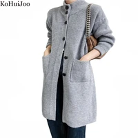 kohuijoo medium long sweater coat women 2022 autumn winter thickening warm pocket stand collar cardigan knitted sweaters