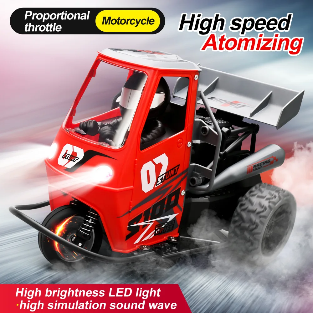 RC Cars 1:16 2.4G  25km/h Remote Control Motorcycle LED Lights Spray Carbon Brush Motor High Speed Three Wheel Drift Car Gifts