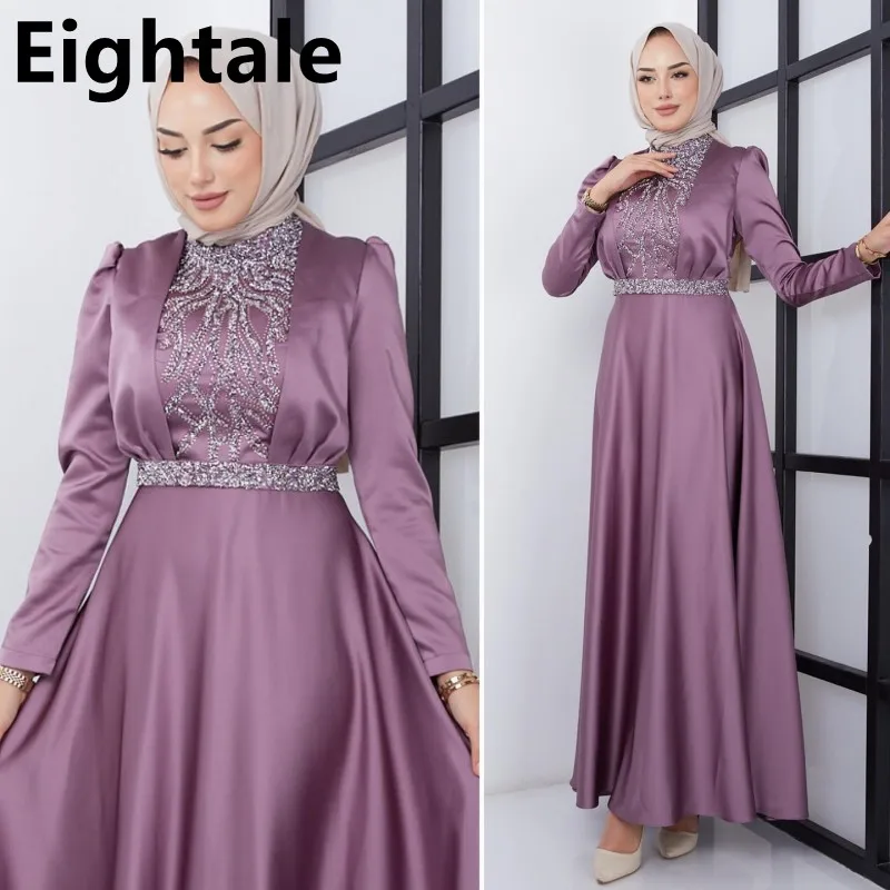 

Eightale Modest High Neck 2023 Satin Muslim Long Sleeve Arabic Luxury Evening Dress Beads Prom Party Gown Dubai Robe Soirée