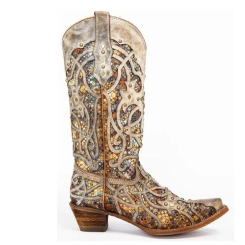 

Women New PU Leather Taupe Inlaid Western Cowboy Boots Thick Heel Pointed High Boots Deep V-mouth Rivet Decoration Boots KP391