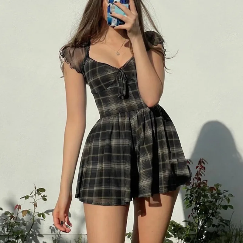 

WOMENGAGA Women Sweetheart Neckline Fit & Flare Check Mesh Playsuit K7PW