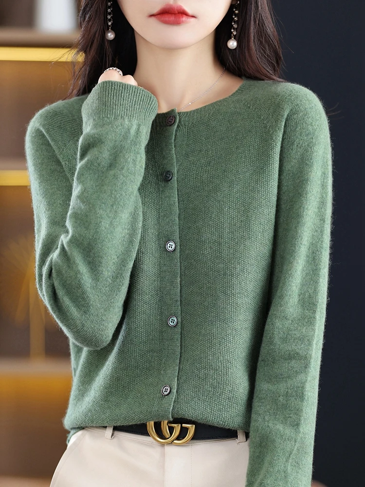 Женский модный кардиган из мериносовой шерсти свитер с круглым вырезом и длинным