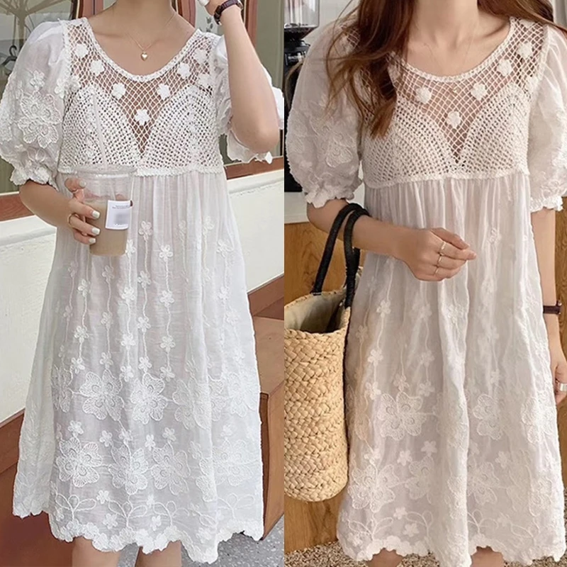

Women Summer Puff Half Sleeve Round Neck Lace Midi Long Dress Hollow Out Crochet Splicing Embroidery Floral A-Line Pleated Flowy