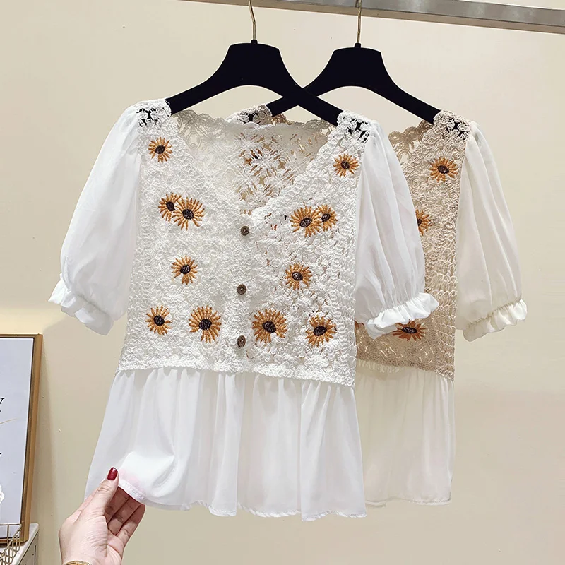 Шифоновый ажурный кардиган с вышивкой ромашки летняя стильная рубашка модные