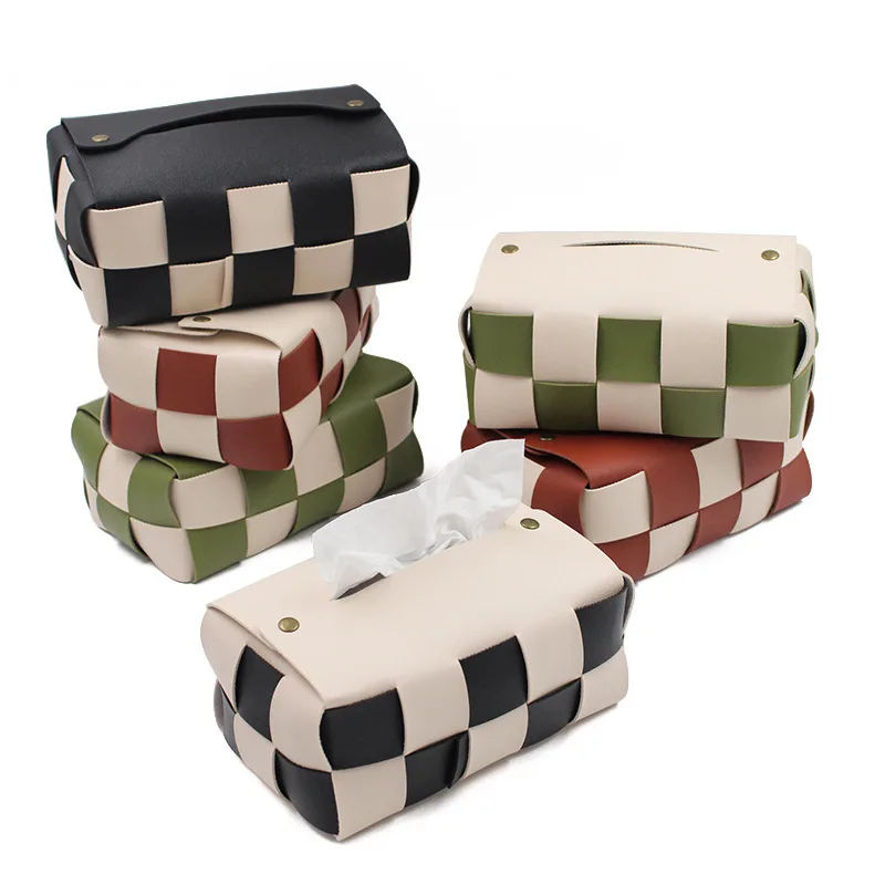 

Hand Woven Leather Tissue Box Holder for Car Living Room Napkin Paper Towel Storage Bag Case Holder Home Office Organization