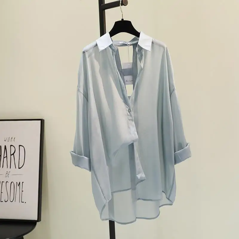 

Women 2022 Summer Fashion Thin Sunscreen Clothing Female Long Sleeve Loose Casual Blouses Ladies Long Solid Color Shirts Q120