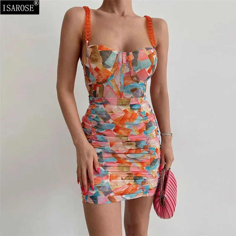 

ISAROSE Backless Bodycon Dress Women Summer Twisted Spaghetti Straps Pullover Sleeveless Ruched Mixed Color Fashion Mini Dresses