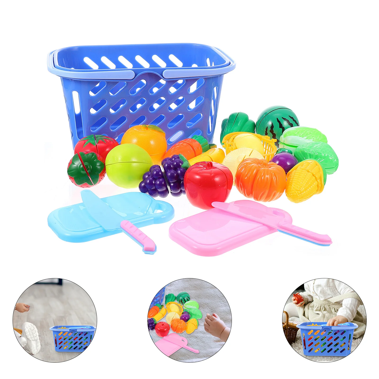 

1 Set of Children Fruit Vegetables Cutting Plastic Children with Basket