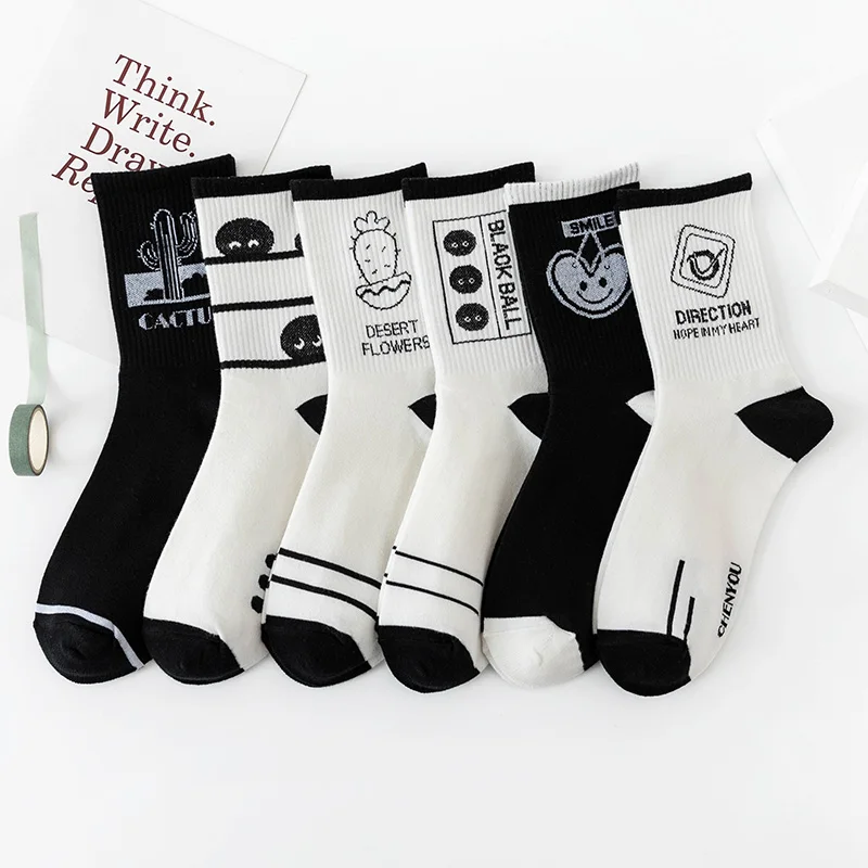 3 Pairs/Box Simple Letter Cactus Stockings Cotton Harajuku Black White Smile Soft Fashion Funny Long Men Women Socks Gifts Pack