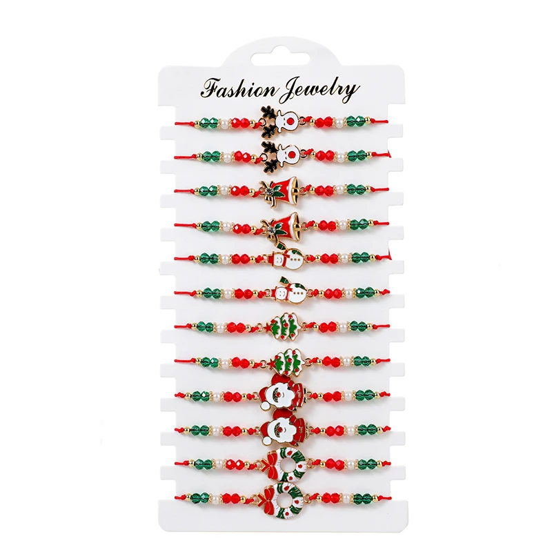 

12pcs Festival Christmas Bracelets Imitation Pearl Santa Claus Xmas Tree Pendant Party Jewelry Gifts for Girls Kids Adult