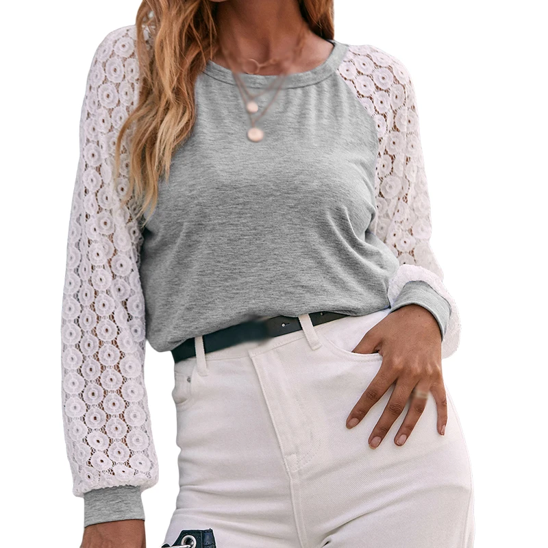 

Women's Sweatshirts Crew Neck T Shirt Casual Tees Long Sleeve Lace Patchwork Pullovers Autumn Spring Outfits VBFGSW1