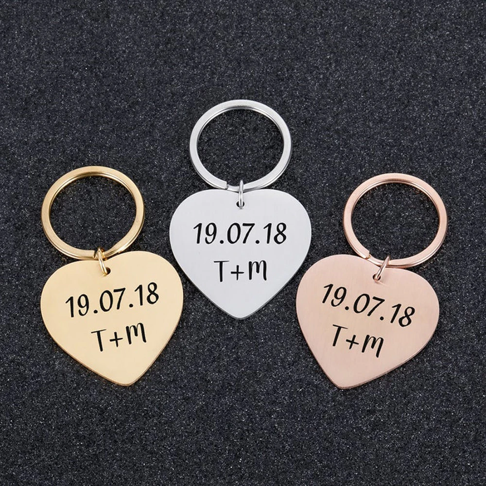 

Custom Keychain Women Personalized Engraving Name Initials Date Heart Charm Stainless Steel Car Keyring Couple Anniversary Gifts