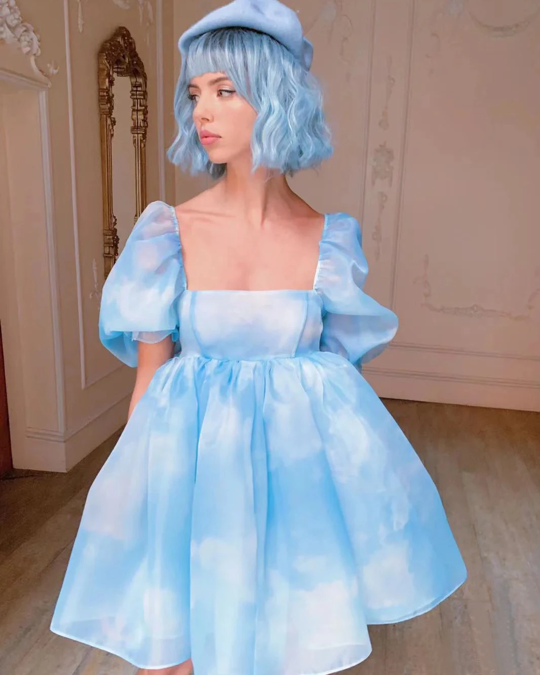 

Blue Abstract Lantern Sleeve Princess Big Hem Empire Waist Mini Chiffon Puffy Dress Cute Kawayi Influencers Ads Dolls Dresses