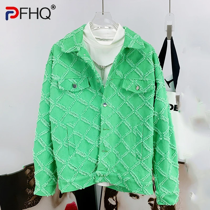 

PFHQ Autumn Men's Darkwear Worn Out Denim Jackets Personality High Quality Solid Color Warm Lapel New Design Casual Coat 21Z1237