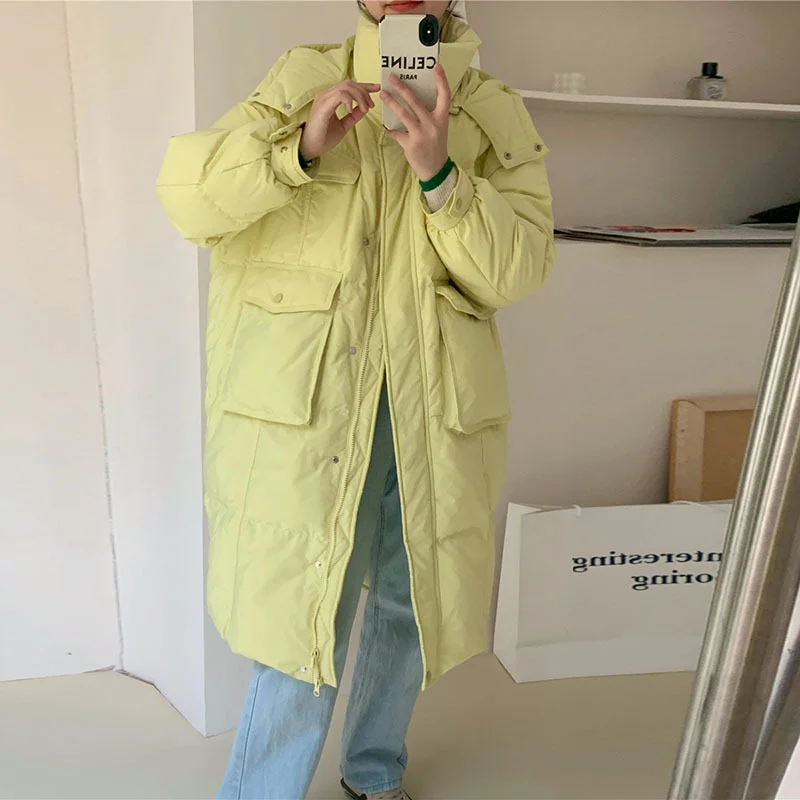 Down Jacket Women's Winter New Medium-length Section Candy Colour Large Pockets Thickened White Duck Down Hooded Jacket