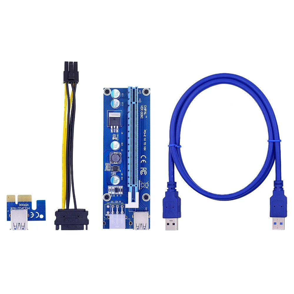 

. 6PCS VER006C PCI-E Riser Card 006C PCI Express 1X to 16X Extender Adapter 1M 0.6M USB 3.0 Cable 6Pin to SATA Power Cord