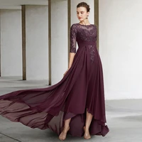 dark purple mother of the bride dresses 2022 high low elegant jewel neck chiffon lace appliques half sleeve bridal party gown