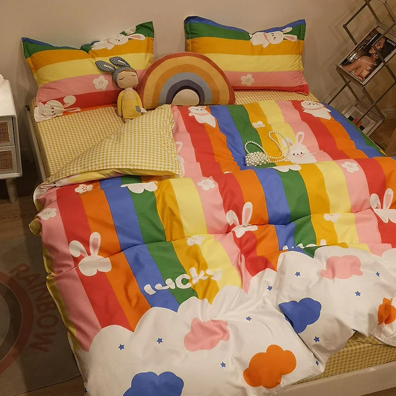 

INS Rainbow Rabbit Cartoon Quilt Cover Set Cute Girl Quilt Cover Girls Women Single Twin Full Queen Soft Microfiber Bedding