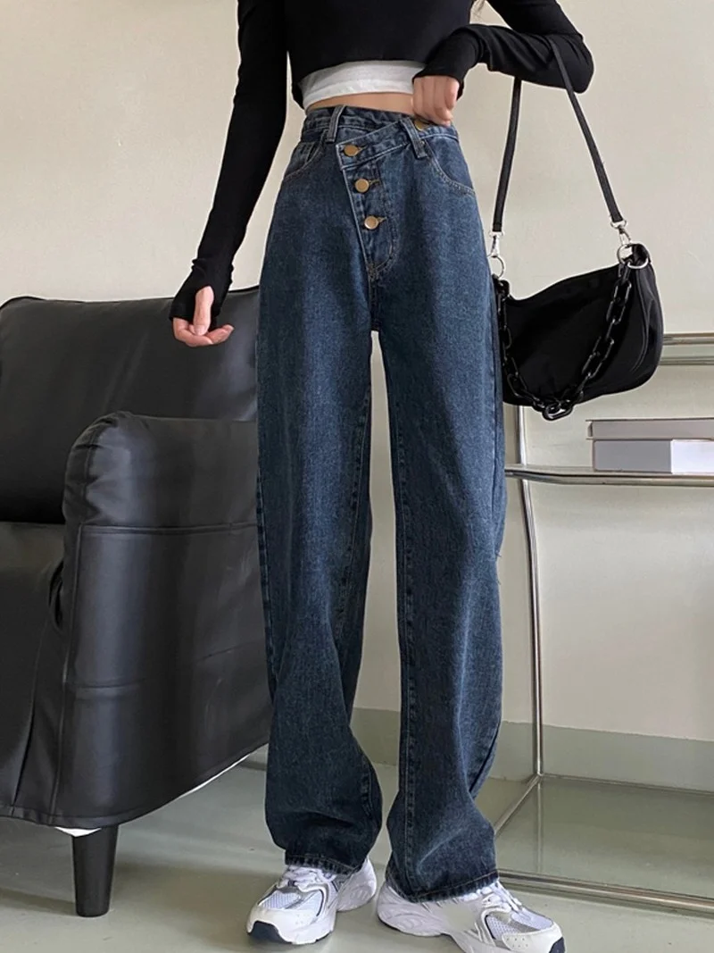 Women Casual Plus Size Wide Leg Denim Pants 2021 High Waist Boyfriend Style Jeans Loose Straight Mom Chic Korean Blue Trousers