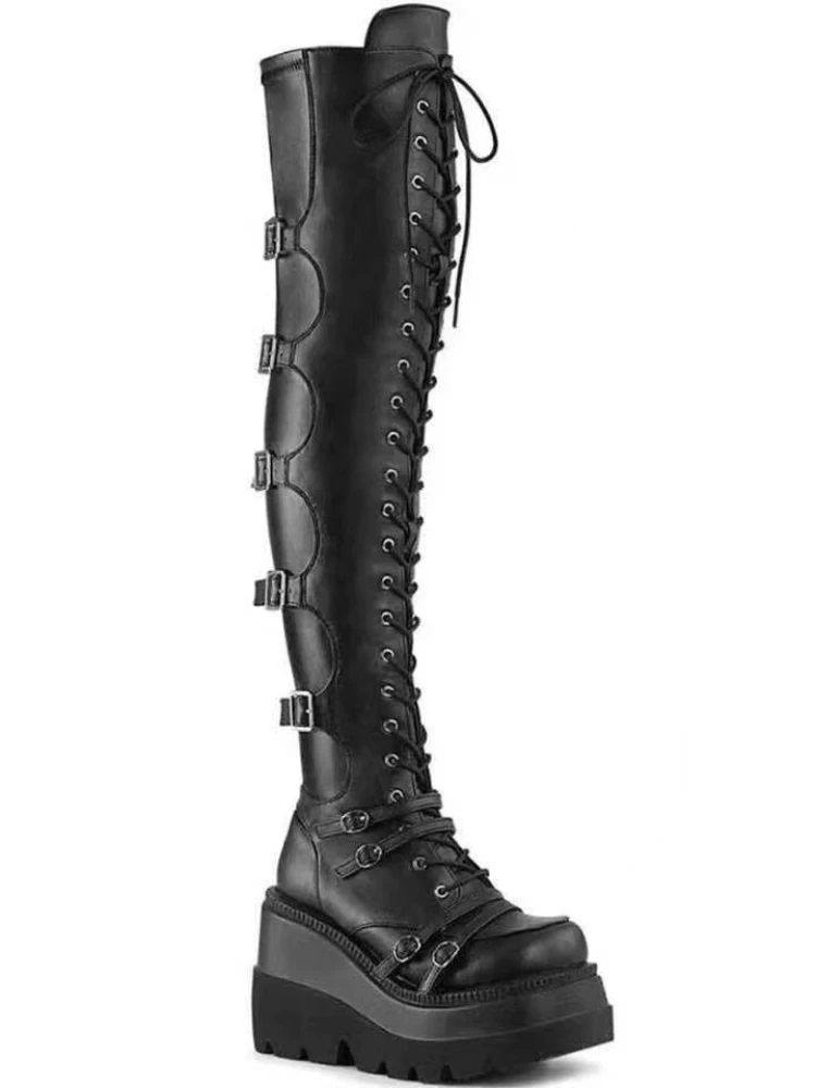 New European and American Over The Knee Boots Round Toe Wedge Boots Women's Knight Boots Knee High Boots