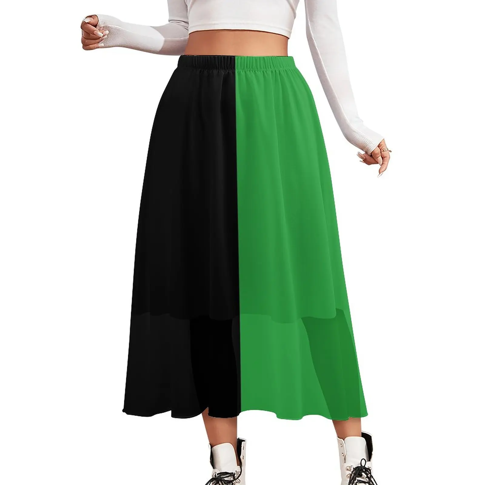 

Two Tone Design Skirt High Waist Black And Green Streetwear Long Skirts Woman Kawaii Boho Skirt Summer Print Big Size Bottoms