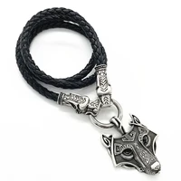nostalgia norse black eyes wolf amulet pendant viking wolf head leather chain necklace men vintage talisman