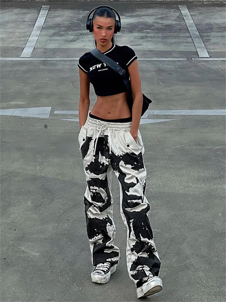 

Винтажные уличные черно-белые контрастные струйные женские брюки, модные эластичные свободные драпированные повседневные брюки с высокой талией