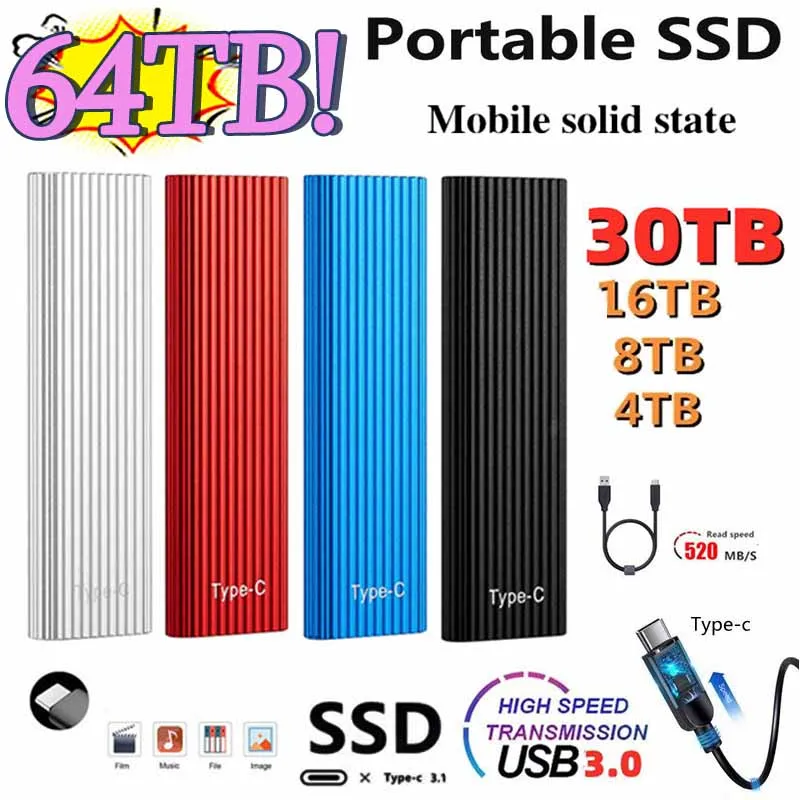 

Original SSD M2 Portable External Hard Drive 1TB 30TB 64TB USB Flash Drive USB3.1 Interface Solid State Drives for Laptops