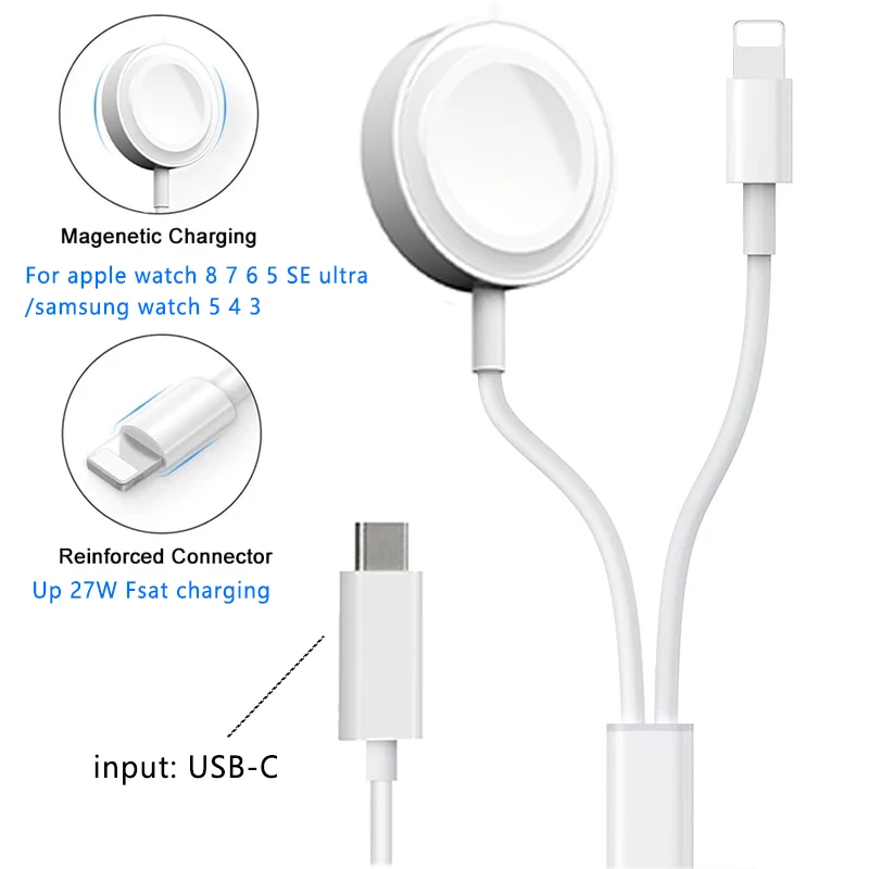 

2 in 1 Fast Charging Cable for iPhone for Apple Watch 8 7 6 5 4 SE Ultr Charger for Samsung Galaxy Watch 5 4 3 Cable Station